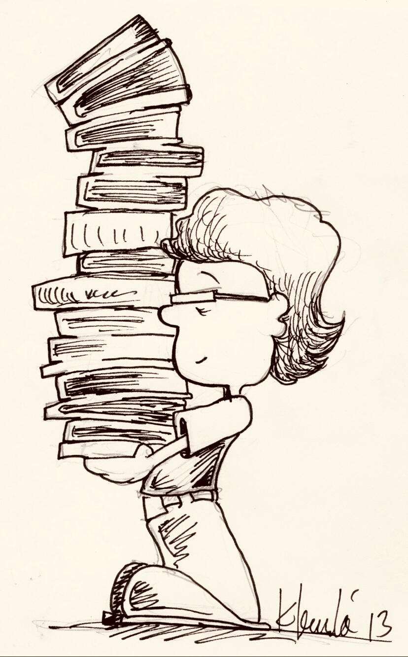 Black and white illustration of the ByrdHaus bookseller carrying a towering stack of books. Credit: Heath Kleinke